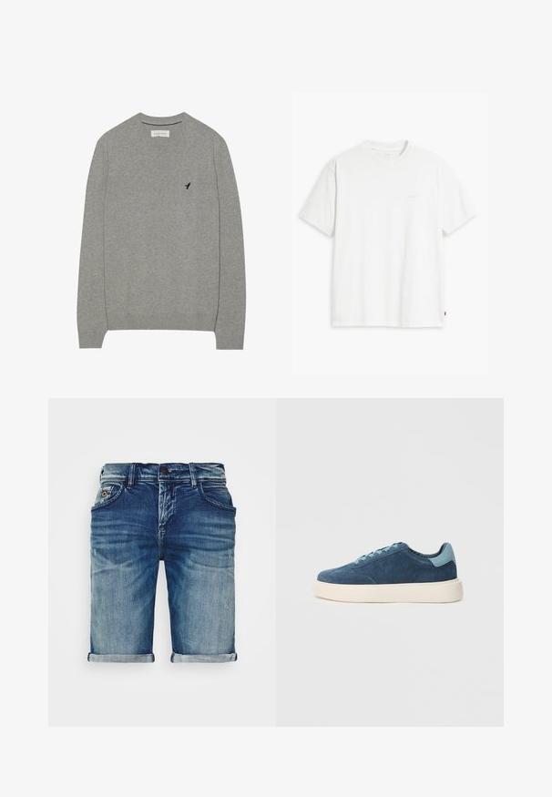Suéter gris de manga larga con cuello redondo. Presenta un pequeño logotipo azul oscuro en el pecho. Textura suave y puños acanalados.; Camiseta de algodón blanca con mangas cortas, cuello redondo y un sutil logo "Levi's" impreso en color claro en la parte frontal.; Shorts de mezclilla en azul medio con un acabado ligeramente desgastado. Presentan dobladillos doblados, diseño de cinco bolsillos y cierre de botón de metal.; Zapatilla de ante azul con un acento en el talón en azul claro, punta redonda y suela de goma plana color crema. Presenta cordones azul claro y detalles cosidos.