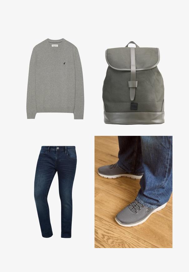 Pull-over gris à manches longues avec un col rond. Présente un petit logo bleu foncé sur la poitrine. Texture douce et poignets côtelés.; Jean en denim bleu foncé avec une coupe slim, doté d'un design classique à cinq poches et d'une fermeture à bouton en métal à la taille.; Des chaussures de sport grises avec une tige en maille, une semelle blanche et des lacets élastiques. Associées à un jean en denim bleu, sur un sol en bois.; Urban Classics Sac à dos - olive