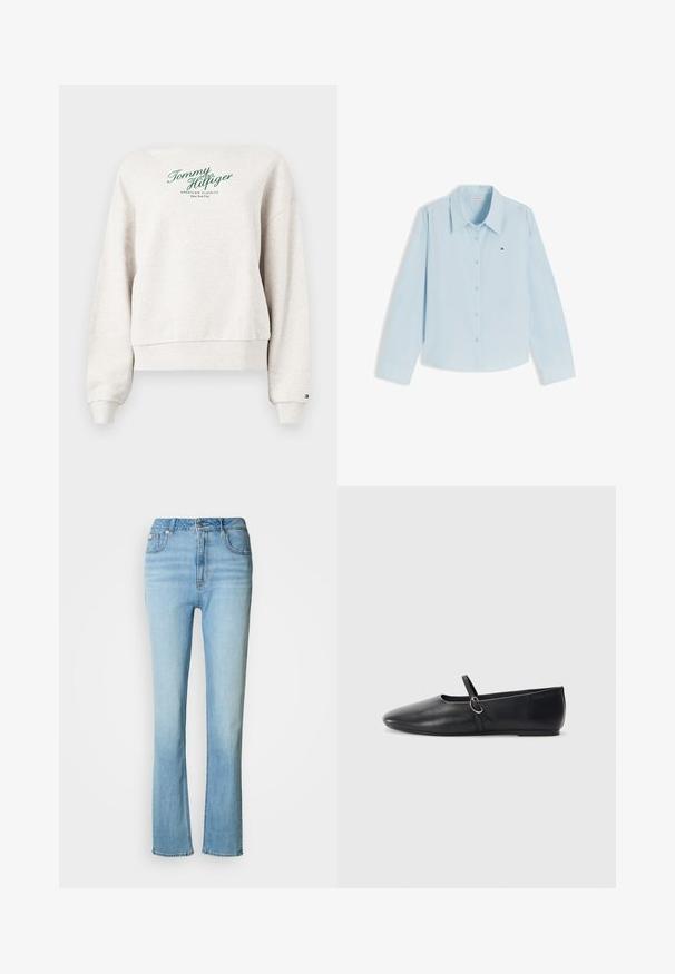 Lichtbeige Tommy Hilfiger sweatshirt met groene tekst "Tommy Hilfiger American Classics New York City" op de borst, geribbelde manchetten en zoom.; Lichtblauw overhemd met lange mouwen, knopen, kraag en klein Tommy Hilfiger-logo op de linkerborst tegen een witte achtergrond.; Lichtblauwe denim jeans met een hoge taille, recht gesneden pijpen en een subtiele vervaagde afwerking. Voorzien van steekzakken en een ritsluiting.; Zwarte leren balletschoenen met een spitse neus, platte zool en een kleine strap met een zilveren gespsluiting.