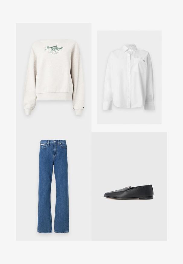 Svetlobéžová mikina Tommy Hilfiger so zeleným nápisom "Tommy Hilfiger American Classics New York City" na hrudi, s rebrovanými manžetami a lemom.; Biela košeľa s dlhým rukávom na gombíky, so špicatým golierom a predným vreckom s malým čiernym logom "CK" na ľavej strane hrude.; Modré denimové džínsy so strihom rovného nohavice, s stredným pásom, prednými vreckami a jemnými vyblednutými detailami.; Čierne kožené mokasíny s hladkou textúrou, zaoblenou špičkou a jemnými švami. Na hornej strane je zlatý akcent v podobe loga.