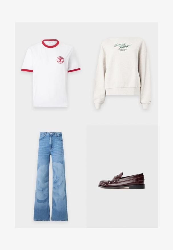 Sweat-shirt Tommy Hilfiger beige clair avec texte vert "Tommy Hilfiger American Classics New York City" sur la poitrine, poignets et ourlet côtelés.; T-shirt blanc à manches courtes avec col et bordures de manches rouges, avec un petit logo circulaire rouge "JOOP! Jeans" sur la poitrine gauche.; Jean bleu clair à jambes larges avec taille haute, bouton à l'avant et poches, présentant un motif floral subtil lavé sur les jambes.; Mocassin penny en cuir bordeaux avec semelle noire et détail en métal doré sur le dessus, présenté en vue latérale sur fond blanc.