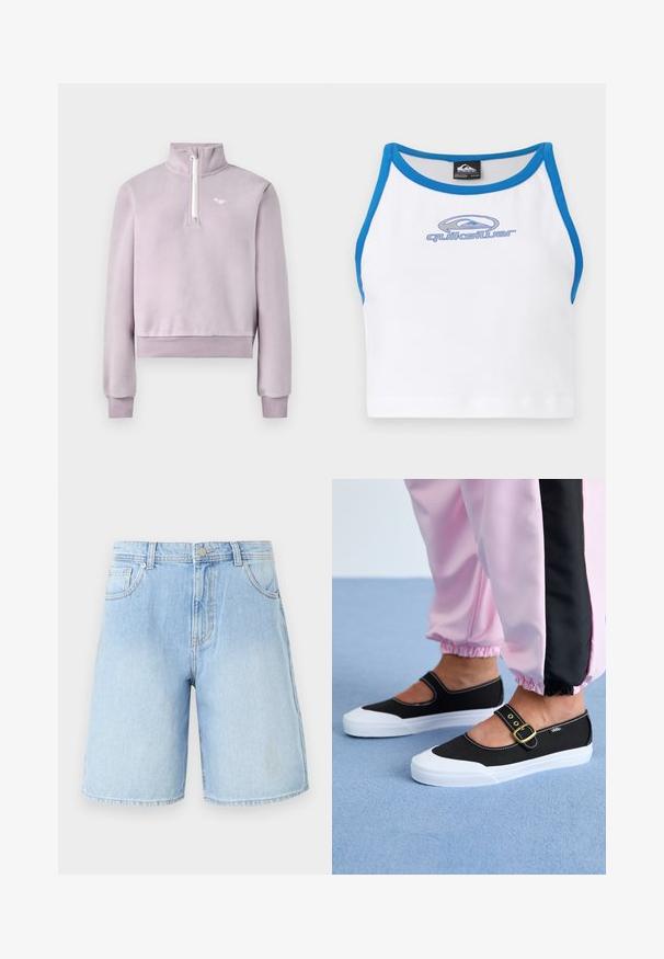Lavender-Fleece-Pullover mit halbem Reißverschluss vorne, hohem Kragen, gerippten Bündchen und Saum sowie kleinem weißen Logo auf der Brust, flach auf weißem Hintergrund ausgelegt.; Weißes Crop-Top mit blauen Akzenten und einem runden Halsausschnitt. Auf der Vorderseite befindet sich ein blauer Quiksilver-Logo. Hergestellt aus einem glatten, leichten Material.; Hellblaue Denim-Shorts mit geradem Bein, fünf Taschen und Oberknopfverschluss. Ausgewaschene Optik mit sichtbaren Nähdetails.; Schwarze Leinenschuhe mit einer weißen Sohle, die ein Ausschnittdesign und einen goldenen Schnallenriegel aufweisen. Getragen mit rosa Sporthosen.