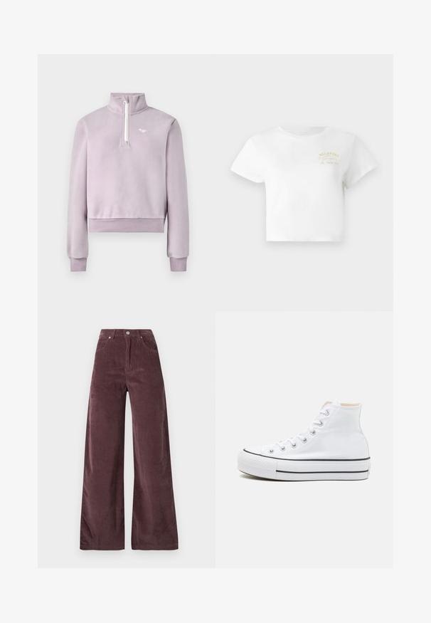 Pull-over en polaire lavande avec demi-fermeture éclair à l'avant, col haut, poignets et ourlet côtelés, et petit logo blanc sur la poitrine, posé à plat sur un fond blanc.; T-shirt cropped blanc en coton, avec un simple design graphique jaune portant "BILLABONG" et "SINCE 1973" brodé sur le devant.; Pantalons large à taille haute en velours côtelé mauve foncé, dotés de poches avant et d'une fermeture par bouton.; Baskets montantes blanches en toile, semelle en caoutchouc noir et bande noire contrastante sur la semelle intermédiaire. Bout rond et design à lacets.