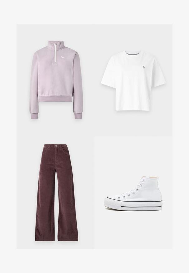 Pull-over en polaire lavande avec demi-fermeture éclair à l'avant, col haut, poignets et ourlet côtelés, et petit logo blanc sur la poitrine, posé à plat sur un fond blanc.; T-shirt en coton blanc, design court, manches courtes, col rond, avec un petit logo noir sur la poitrine gauche.; Pantalons large à taille haute en velours côtelé mauve foncé, dotés de poches avant et d'une fermeture par bouton.; Baskets montantes blanches en toile, semelle en caoutchouc noir et bande noire contrastante sur la semelle intermédiaire. Bout rond et design à lacets.