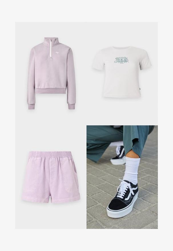 Pull-over en polaire lavande avec demi-fermeture éclair à l'avant, col haut, poignets et ourlet côtelés, et petit logo blanc sur la poitrine, posé à plat sur un fond blanc.; T-shirt blanche courte à côtes avec des manches courtes et un petit motif floral vert centré sur la poitrine.; Shorts lilas en tissu léger avec une taille élastique, dotés de deux poches avant et d'une coupe décontractée.; Baskets en suède noir avec des accents et des lacets blancs, présentant une épaisse semelle blanche et des coutures contrastantes, associées à une chaussette blanche.