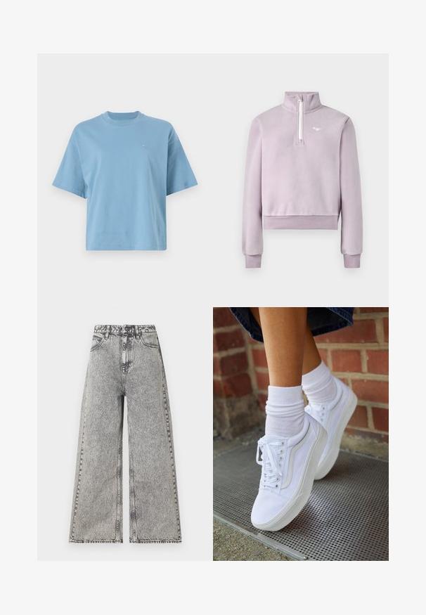 Lavendel fleece pullover met een halve ritssluiting aan de voorkant, hoge kraag, geribde manchetten en onderkant, en een klein wit logo op de borst, plat gelegd op een witte achtergrond.; Lichtblauw t-shirt met korte mouwen van katoen, voorzien van een ronde hals en een klein logo op de borst. Ontspannen pasvorm met een gladde textuur.; Wijdlopende jeans in vervaagd zwart denim, met een hoge taille, klassiek vijf-pocket ontwerp en zichtbare stikdetails.; Witte canvas sneakers met rubberen zolen, voorzien van zes vetertjes, een ronde neus en lichte stikdetails, gecombineerd met witte enkelsokken.