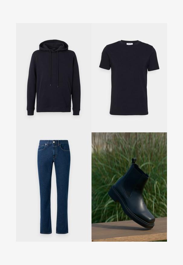 Zwarte capuchontrui met voorzak, lange mouwen, geribbelde boorden en verstelbare capuchon met trekkoord, weergegeven op een effen achtergrond.; Zwart T-shirt met korte mouwen en ronde hals, met een klein wit label aan de binnenkant van de halslijn.; Donkerblauwe denim jeans met een slim recht model, klassieke vijf-pocket stijl en een knoopsluiting bij de taille.; Zwarte leren Chelsea-boot met elastische zijkanten, ronde neus, lage hak en een lussen achteraan, tegen een vage groene achtergrond.