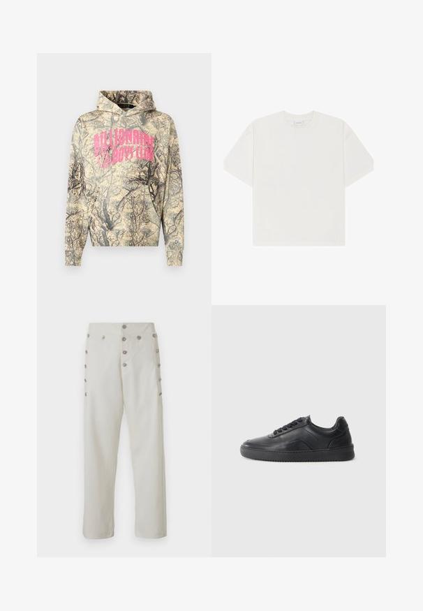 Camo-Muster Kapuzenpullover in Beige und Schwarz mit einem pinkfarbenen "Billionaire Boys Club"-Logo, ausgestattet mit einer Kängurutasche und verstellbarer Kapuze mit Kordelzug.; Weißes Baumwoll-T-Shirt mit Rundhalsausschnitt, kurzen Ärmeln und lockerem Schnitt. Glatte Textur ohne auffällige Muster oder Applikationen.; Cremfarbene Hose mit geradem Schnitt, die dekorative silberfarbene Knopfdetails an beiden Seiten sowie eine glatte Stoffstruktur bietet.; Schwarze Leder-Sneaker mit glatter Oberfläche, abgerundeter Zehenpartie, strukturiertem Seitenpaneel und schwarzen Schnürsenkeln. Verfügt über eine flache Gummisohle und ein minimalistisches Design.