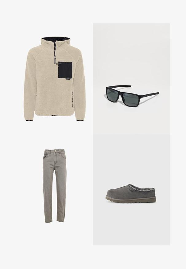 Pull-over en polaire beige avec une poche poitrine noire. Comprend une fermeture à zip et un tissu texturé. Design à capuche avec des détails contrastants.; Pantalons en denim gris à taille haute, jambe droite et texture subtile. Dotés de poches traditionnelles et de quincaillerie en métal à la taille.; Chausson gris en daim à enfiler avec un col tricoté à motifs, un intérieur rembourré et une semelle en caoutchouc durable. Présente le logo de la marque sur le côté.; Lunettes de soleil en plastique noir avec verres carrés teintés gris-vert, branches fines noires avec accents texturés subtils. Un seul logo visible.