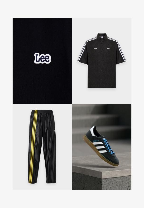Zwarte stof met een klein wit en donkerblauw geborduurd "Lee"-logo in het midden.; Zwart overhemd met korte mouwen en knopen, subtiel vlammenpatroon, witte Adidas trefoil-logo's op de borst en witte drie strepen op de mouwen.; Zwarte sportbroek van glanzend materiaal met een elastische tailleband, voorzien van twee gele strepen langs de zijkant en een klein logo.; Zwarte Adidas-sneaker met witte strepen, blauwe veters en een gumzool die boven een grijze betonnen trede zweeft in zacht licht.