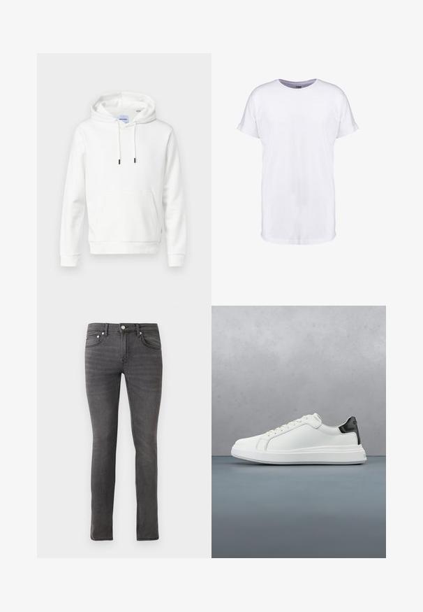 Witte hoodie van zacht katoen, met een voorzak, verstelbare koorden en ribgebreide manchetten. Eenvoudig, effen ontwerp met een ontspannen pasvorm.; Witte katoenen t-shirt met korte mouwen, ronde halslijn en een comfortabele pasvorm. Glad textuur en geen zichtbare patronen of ontwerpen.; Grijze denim jeans met een slim fit, met een klassieke vijf-pocketontwerp, voorste knoopsluiting en subtiele textuurdetails overal.; Witte sneaker met een gladleren bovenkant en een contrasterende zwarte hielaccent. Beschikt over platte veters en een gestructureerde rubberen zool.
