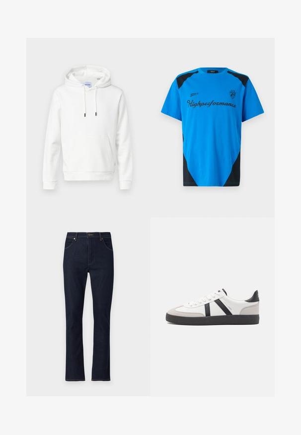 Valge kapuutsiga sweatshirt, mis on valmistatud pehmest puuvillast, millel on eesmine tasku, reguleeritavad nöörid ja soonikkudega mansetid. Lihtne, ühtlane disain koos mugava lõikega.; Replay SHORT SLEEVE GRAPHIC - Trükipildiga T-särk - azzurro; Tumesinised sirged teksapüksid esitaskute, vööaasa ja nööpidega sulgumisega.; Valged tossud mustade ja hallide aktsentidega, tekstureeritud halli varbakattega, musta kummitald ja lamedad valged paelad. Puhtad jooned, minimalistlik stiil.