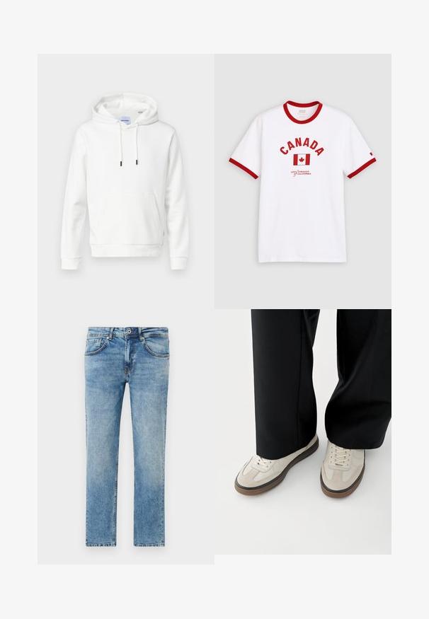 Hvid hoodie lavet af blød bomuld, med en frontlomme, justerbare snore og ribbede manchetter. Enkel, ensfarvet design med en afslappet pasform.; Hvid kortærmet T-shirt med rød krave og ærmekanter, med teksten "CANADA", et rødt ahornbladflag og Levi's mærke nedenfor.; Lysblå jeans lavet af denim med et lige ben-design, der har fem lommer, subtile stingdetaljer og en falmet finish.; Fødder iført beige sneakers med brune såler og sorte bukser med vide ben på hvid baggrund.
