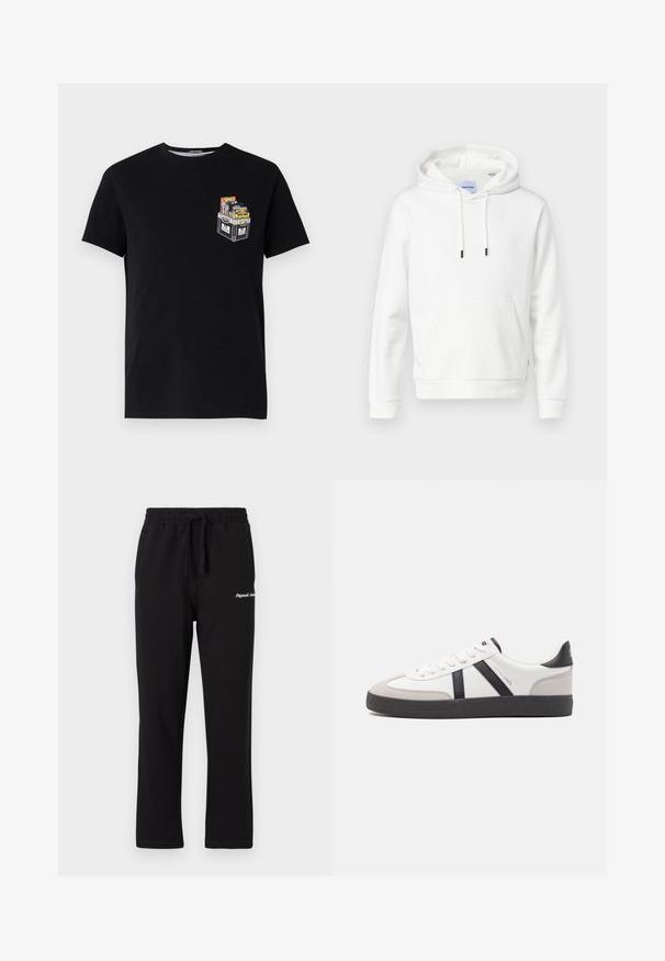 Hoodie blanc en coton doux, doté d'une poche frontale, de cordons de serrage réglables et de poignets en côte. Design simple et uni avec une coupe décontractée.; T-shirt en coton noir à manches courtes avec un petit graphique d'une caisse remplie d'objets colorés sur la zone gauche de la poitrine.; Pantalons de survêtement noirs avec une taille élastique et un cordon de serrage ajustable. Présente un logo brodé sur la cuisse et une coupe droite.; Baskets blanches avec des accents noirs et gris, présentant un embout texturé gris, une semelle en caoutchouc noir et des lacets plats blancs. Design épuré, style minimaliste.
