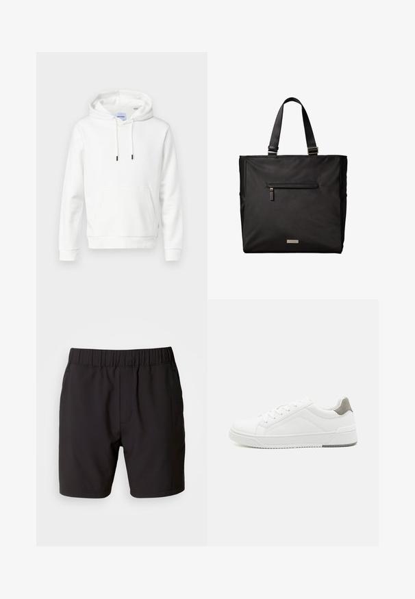 Valge kapuutsiga sweatshirt, mis on valmistatud pehmest puuvillast, millel on eesmine tasku, reguleeritavad nöörid ja soonikkudega mansetid. Lihtne, ühtlane disain koos mugava lõikega.; Mustat lühikesed püksid venivast kangast, millel on elastne vöökoht, küljetaskud ja lihtne, puhas disain. Ilma mustrite või aktsentideta.; Valge tenniseking sileda nahaga, ümar varvas, minimalistlik disain, hall kand, ja tekstureeritud kummist tald.; Must must ristkülikukujuline kandekott kahe õlarihmaga, ees lukuga tasku ning väikese metallist logo plaadiga alumise keskosa juures.