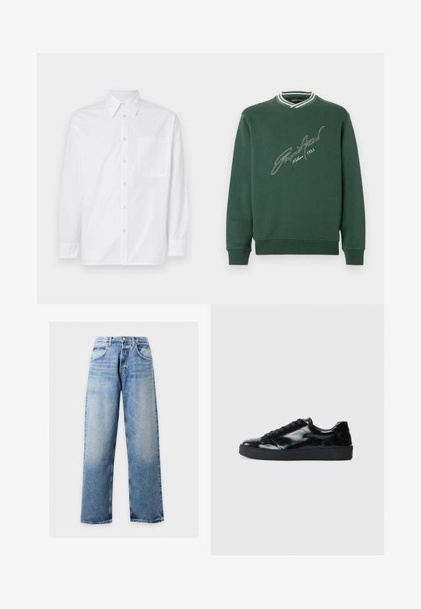 Grüner Sweatshirt mit einem gerippten weißen und grünen Kragen. Verfügt über ein stickertes Design im Signatur-Stil auf der Vorderseite. Weiche Textur, lässige Passform.; Weißes Langarmhemd aus Baumwolle. Es hat einen klassischen Kragen, eine vordere Knopfleiste und eine einzelne Brusttasche auf der linken Seite.; Hellblaue Jeans mit weitem Bein, Fronttaschen, Gürtelschlaufen und Knopfverschluss vor einfachem Hintergrund.; Schwarze Lackledersneaker mit runder Zehenform, Schnürdesign, strukturiertem Gummisohle und glatter Oberfläche.