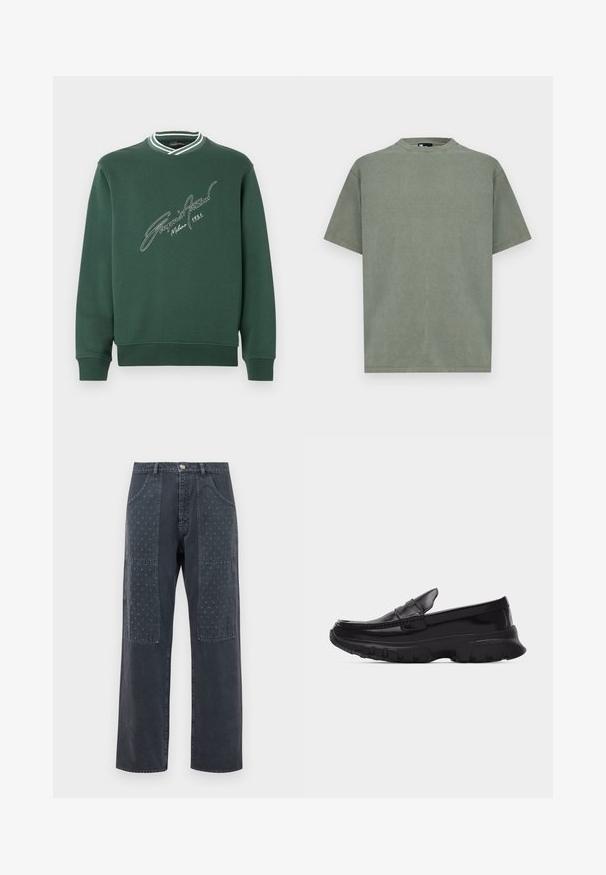 Grüner Sweatshirt mit einem gerippten weißen und grünen Kragen. Verfügt über ein stickertes Design im Signatur-Stil auf der Vorderseite. Weiche Textur, lässige Passform.; Schlichtes olivgrünes kurzärmeliges Baumwoll-T-Shirt mit Rundhalsausschnitt, dargestellt vor weißem Hintergrund.; Dunkelgraue Jeans mit weitem Bein, die auf der Vorderseite dekorative Patches mit dezentem floralem Muster und klassischen Taschenverzierungen aufweisen.; Schwarzer glänzender Slipper mit dicker, strukturierter Sohle und gesteppten Details, Seitenansicht vor schlichtem hellgrauem Hintergrund.