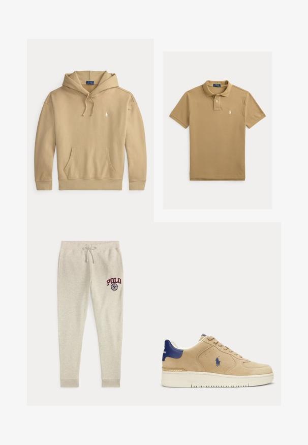 Beež kapuutsiga dressipluus esiküüru tasku, paelaga kapuuts, soonikkoes mansetid ja ääred ning väike valge Polo Ralph Laureni logo rinnal.; Beež lühikeste varrukatega polosärk kraega, kahe nööbiga plaketiga ja vasakul rinnal väikese valge Polo Ralph Laureni tikandiga logoga.; Beežid paelaga dressipüksid küljetaskutega ning punase "POLO" logoga ja embleemiga ülemisel vasakul reiel.; Beežid seemisnahast vabaajajalatsid tumesinise kandetabiga ja logoga, valge tallaga, paeltega ning külje peal polo mängija tikandiga.
