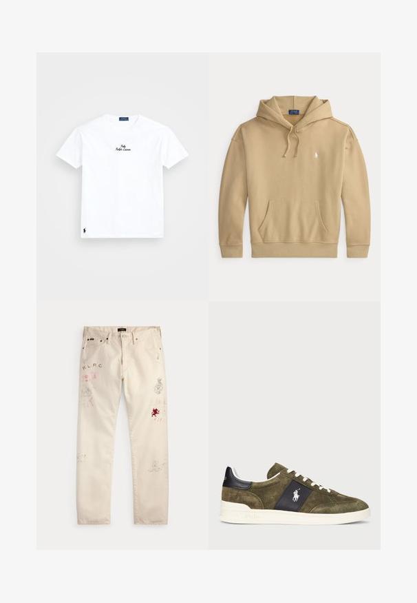 Béžová mikina s kapucňou, predným klokankovým vreckom, sťahovacou šnúrkou na kapucni, rebrovanými manžetami a lemom a malým bielym logom Polo Ralph Lauren na hrudi.; Biely bavlnený tričko s kruhovým výstrihom, krátkymi rukávmi, čierne vyšívané logo "Polo Ralph Lauren" na hrudníku a malé čierne logo na leme.; Béžové nohavice s prednými vreckami a pútkami na opasok s vyblednutými červenými a čiernymi grafickými potlačami a textovými motívmi na oboch nohách.; Olivovo zelené semišové tenisky s námorníckou akcentovou časťou, bielymi šnúrkami a logom. Majú štruktúrovaný povrch a bielu gumovú podrážku.