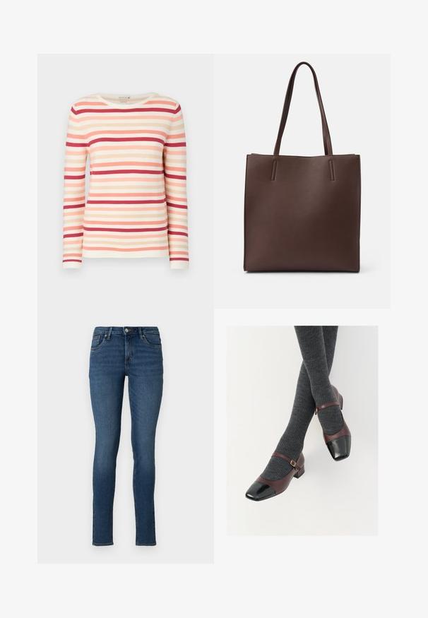 Langsleeve gestreepte trui van zachte stof, horizontale lijnen in tinten perzik, roze en rood, met een ronde hals en geribbelde textuur.; Dunne blauwe jeans van denim met een normale taille, vijf zakken en een vervaagde was, met standaard stiksels en een ritsluiting.; Bordeaux leren Mary Jane-schoenen met een zwarte laktoecap en dunne enkelband; gedragen met donkergrijze geribde sokken. Lage blokhak.; Bruine leren schoudertas met twee lange handvatten, met een rechthoekige vorm, een gladde textuur en een minimalistisch ontwerp zonder extra hardware.