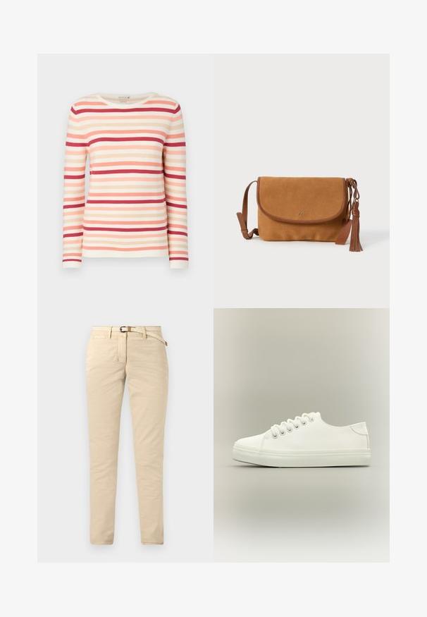 Langærmet stribet sweater i blødt stof med vandrette linjer i nuancer af fersken, pink og rød, med en rund halsudskæring og ribbet tekstur.; Beige chinos lavet af bomuld med en glat tekstur, der har et vævet bælte og standardlommer. Slim fit med lige ben.; Hvid lavtop sneaker med hvide snørebånd og gummisål vist fra siden på en neutral baggrund.; Brun semsket crossbody-taske med læderdetaljer, klaplukning og en dekorativ kvast. Har et enkelt design og justerbar bærestrop.