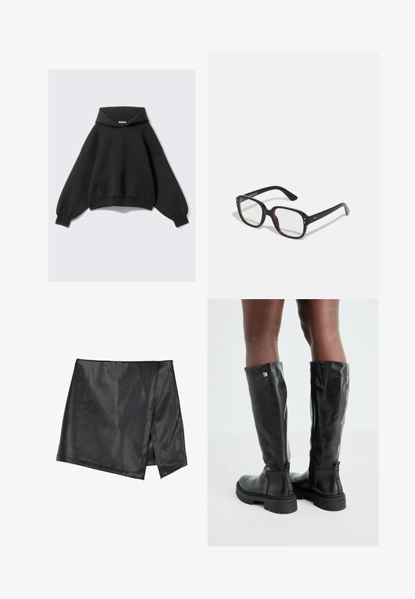 Zwarte capuchontrui met een losse pasvorm, lange mouwen en een zak aan de voorkant. Gemaakt van zacht stof met een gladde textuur.; Even&Odd by Zalando Minirok - black; Zwarte leren kniehoge laarzen met een gladde textuur, ronde neus, stevige zool en ritssluiting. Voorzien van een zilveren logo aan de zijkant.; Zwarte rechthoekige bril met heldere lenzen, voorzien van afgeronde randen en zijaccenten, met een glanzende afwerking van het montuur en de pootjes.