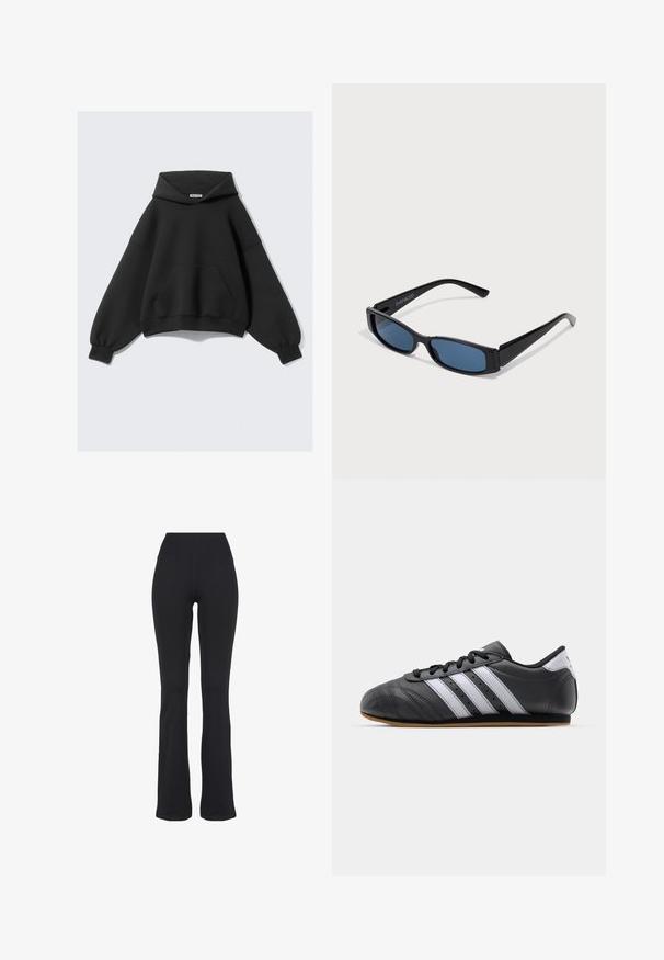 Sudadera negra con capucha, de ajuste holgado, mangas largas y un bolsillo delantero. Hecha con tela suave y de textura lisa.; Pantalones de yoga negros de talle alto y ajustados con piernas acampanadas, presentados sobre un fondo blanco.; Zapatilla deportiva de cuero negro con rayas blancas, puntera redonda, suela plana y cierre con cordones. Presenta perforaciones para transpirabilidad.; Gafas de sol negras con una elegante montura rectangular y lentes azules. Presentan una textura suave y varillas resistentes. Logo de la marca en el costado.