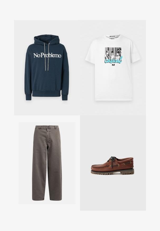 Mørkeblå hættetrøje med teksten "No Problemo" i hvid, med en snøre i sort og hvid mønster og ribbede manchetter.; Hvid T-shirt med sort-hvid grafik af tre personer foran et hegn, overlejret med stor blå kursiv tekst "casual".; Grå bredbenede bukser lavet af bomuldsblanding; har en knaplukning, bæltesløjfer og forlommer; glat, holdbart materiale.; Brune læder bådsko med struktureret overdel, sorte snørebånd og gyldne øjer. Har en holdbar, rillede gummisål.