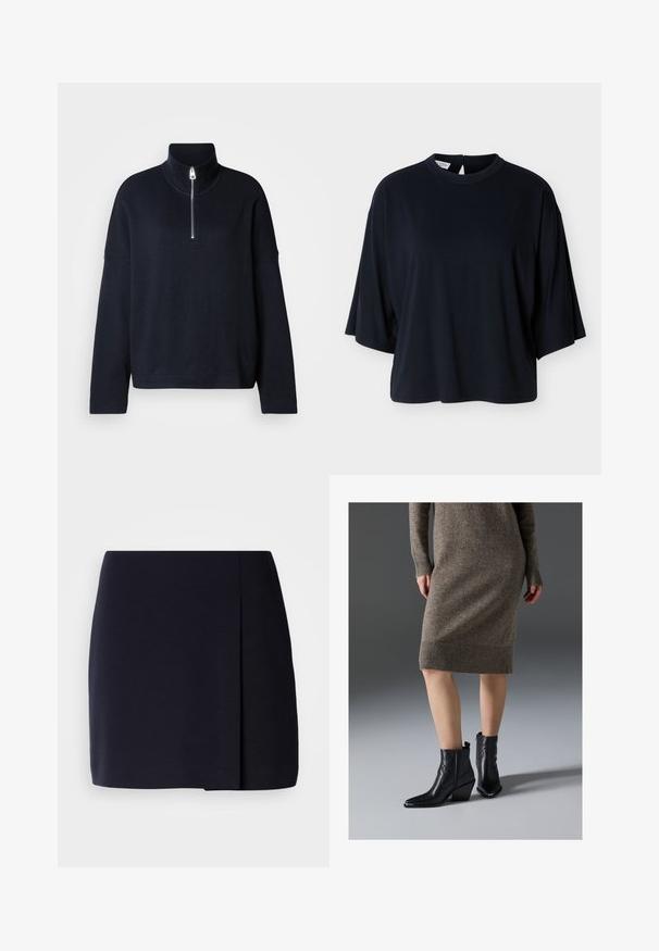 Marineblå pullover sweater med høj mock neck, kvart lynlås, brede ærmer og et blødt, tekstureret stof. Minimalistisk design uden mønstre.; Sort oversized kortærmet skjorte med rund halsudskæring og knaplukning på ryggen, vist på en hvid baggrund.; En sort mininederdel med en lige silhuet, lavet af blødt stof, med en sidesplit for ekstra detalje og en ren kant.; Sorte læder ankelstøvler med spidse tæer, en kraftig hæl og zigzag-stikningsdetaljer, parret med en ribbet, brun strik kjole.