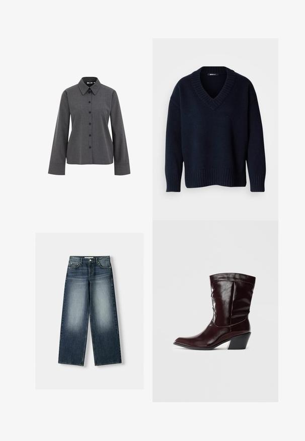 Tmavomodrý sveter s výstrihom do V, s dlhými rukávmi a rebrovanými manžetami a lemom, zobrazený na jednofarebnom pozadí.; WE Fashion Blúzka so zapínaním na gombíky - grey; Džínsy s širokými nohavicami v tmavomodrej farbe s efektom vyblednutia. Dizajn s piatimi vreckami, zapínanie na gombík a pútka na opasok.; Bordové kožené ankle boots s špicatou špičkou, textúrovaným povrchom a zúženým nízkym podpätkom. Obsahujú jemné švy a tesný strih.
