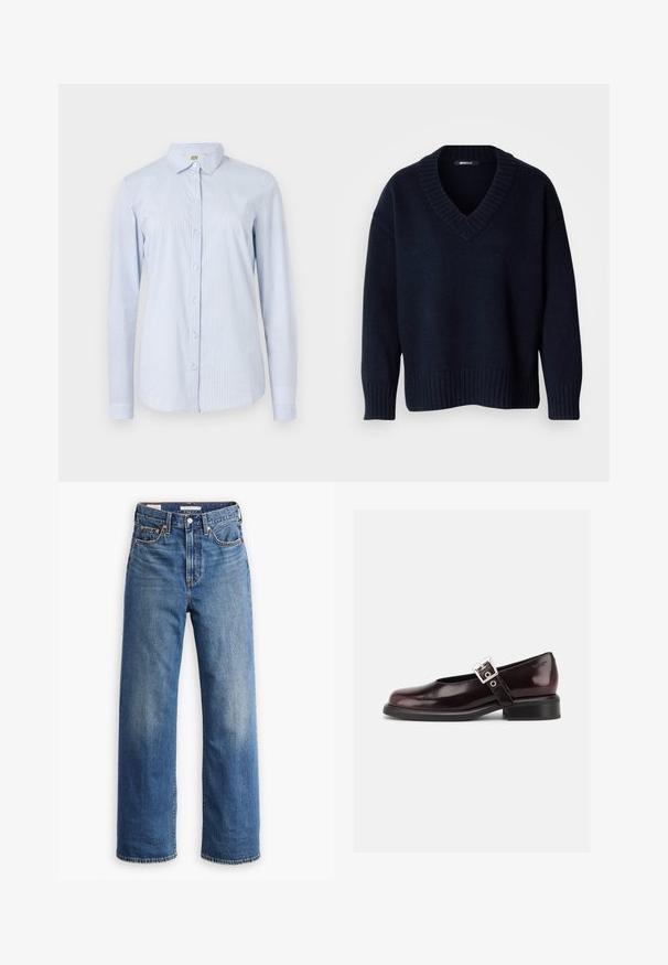 Jersey de punto azul marino oscuro con cuello en V, mangas largas y puños y bajo acanalados, exhibido sobre un fondo liso.; Camisa de manga larga a rayas azul y blanca hecha de algodón ligero. Cuenta con un cuello, cierre de botones en la parte delantera y una silueta ajustada con mangas con puños.; Vaqueros de mezclilla azul claro con cintura alta, diseño de pierna ancha, estilo clásico de cinco bolsillos y un sutil desgaste en la tela.; Zapato único Mary Jane brillante de color burdeos oscuro con correa ancha y hebilla plateada, tacón bloque bajo y punta redondeada sobre fondo blanco.