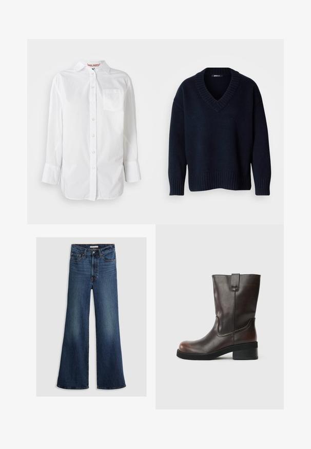 Pull bleu marine foncé à col en V avec manches longues et poignets et ourlet côtelés, présenté sur un fond uni.; Chemise blanche à manches longues avec col et poche poitrine, présentée sur un fond uni.; Jean large en denim bleu foncé, avec une taille haute, un design à cinq poches et des coutures contrastantes le long des coutures et de la ceinture.; Bottine en cuir marron avec un bout rond, un talon bloc de hauteur intermédiaire et des détails de couture subtils. Dispose d'une languette latérale pour un enfilage facile.