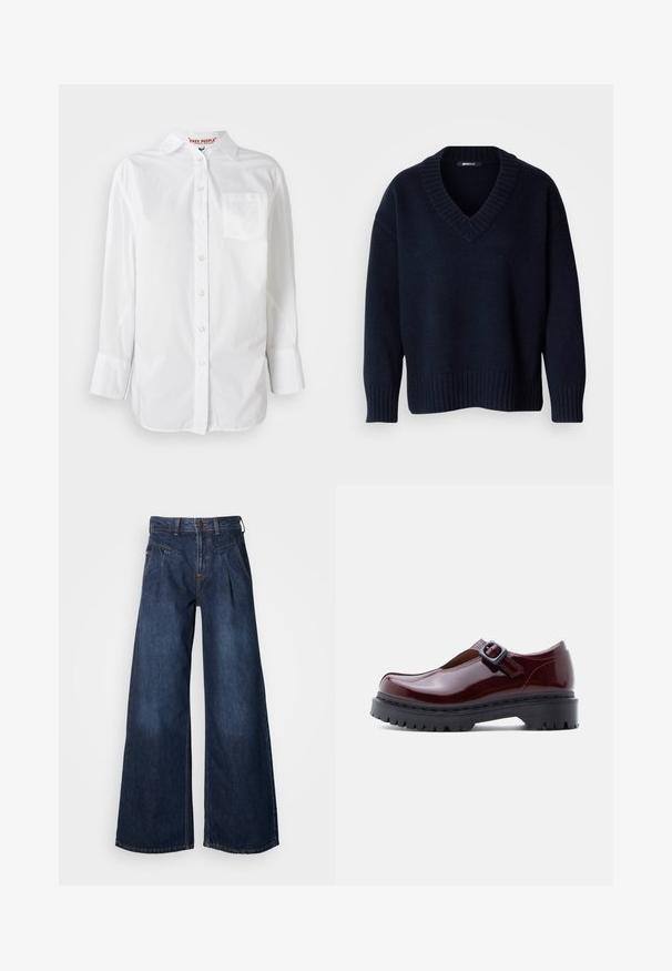 Jersey de punto azul marino oscuro con cuello en V, mangas largas y puños y bajo acanalados, exhibido sobre un fondo liso.; Camisa blanca de manga larga con botones, con cuello y un bolsillo en el pecho, exhibida sobre un fondo liso.; Jeans de mezclilla oscura de pierna ancha con cintura alta, que presentan pliegues frontales y sutilezas en los detalles de costura. Textura suave, diseño casual.; Zapato de charol burdeos con punta redonda, hebilla ajustable y suela plataforma negra gruesa con textura acanalada.