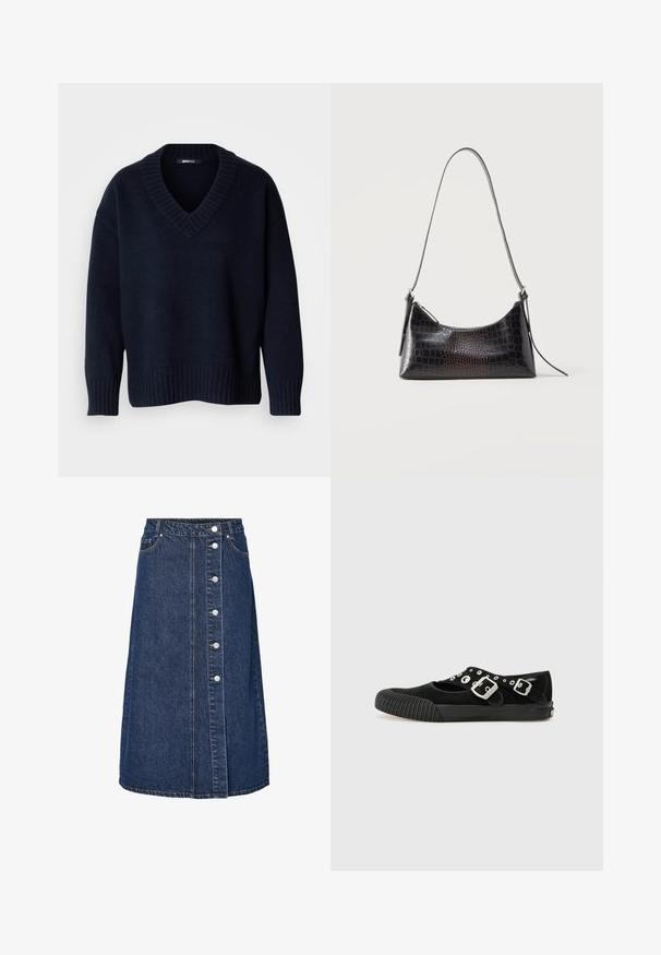 Jersey de punto azul marino oscuro con cuello en V, mangas largas y puños y bajo acanalados, exhibido sobre un fondo liso.; Falda vaquera de cintura alta, cierre frontal con botones y dos bolsillos laterales. Color azul oscuro, corte recto y detalle de costuras visibles.; Vans MARY JANE - Bailarinas - black; Bolso negro de hombro con textura de cocodrilo, cierre de cremallera y correa larga y delgada, exhibido sobre fondo blanco.