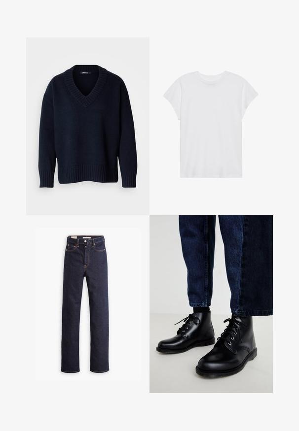 Donker marineblauwe V-hals trui met lange mouwen en geribbelde boorden aan mouwen en zoom, getoond op een effen achtergrond.; Witte t-shirt met korte mouwen, ronde hals, relaxte pasvorm, gemaakt van zacht katoen. Glad textuur, geen patronen of logo's.; Donkerblauwe straight-leg denim jeans met vijf zakken en zichtbare oranje stiksels op een witte achtergrond.; Zwarte leren enkellaarzen met ronde neuzen, een vetersluiting, zilveren veteroogjes en getextureerde zolen, gecombineerd met donkerblauwe spijkerbroeken.