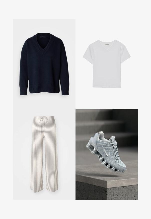 Jersey de punto azul marino oscuro con cuello en V, mangas largas y puños y bajo acanalados, exhibido sobre un fondo liso.; Camiseta blanca de manga corta y cuello en V, hecha de tela acanalada. Presenta un diseño limpio con un dobladillo recto y un detalle mínimo.; Pantalones de pierna ancha en tejido ligero, con rayas horizontales en beige y blanco. Cintura elástica con cierre de cordón.; Zapatilla de running Nike de color gris claro con suela acolchada tipo muelle flotando sobre un borde de hormigón, fondo con escaleras desenfocadas.