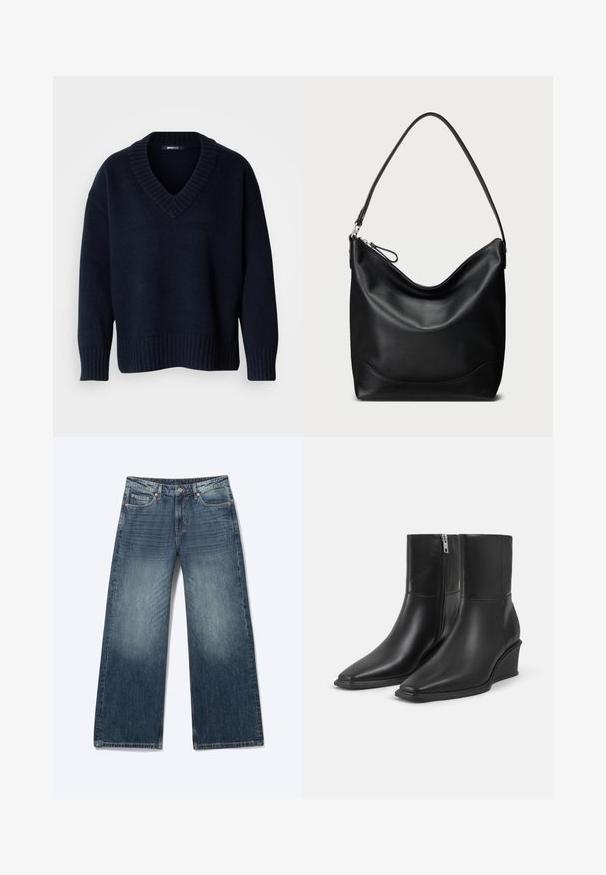 Donker marineblauwe V-hals trui met lange mouwen en geribbelde boorden aan mouwen en zoom, getoond op een effen achtergrond.; Blauwe denim jeans met een wijdere pijp, ontwerp met vijf zakken en een vervaagde textuur op de dijen en knieën.; Een paar zwarte leren enkellaarsjes met puntige neuzen, sleehakken en zijritssluitingen op een effen lichte achtergrond.; Zwarte leren schoudertas met een gebogen vorm, een ritssluiting aan de bovenkant en een enkele band, met een gladde textuur en minimale metalen accenten.