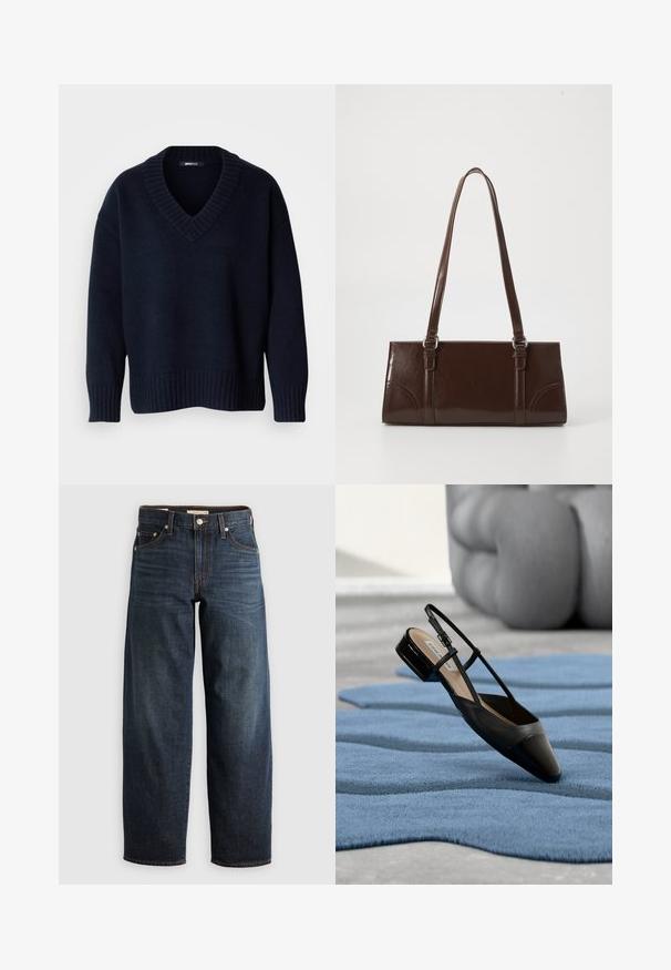 Donker marineblauwe V-hals trui met lange mouwen en geribbelde boorden aan mouwen en zoom, getoond op een effen achtergrond.; Donkerblauwe jeans van denim, met een recht model, vijf-pocketstijl en stiksels met een knoopsluiting.; Zwarte slingback schoen van lakleer met een lage blokhak, rustend op een gestructureerd blauw golvend tapijt en grijze, gewatteerde meubels.; Bruine lakleren handtas met een rechthoekige vorm, twee lange handvatten en subtiele gebogen accenten aan de voorkant.