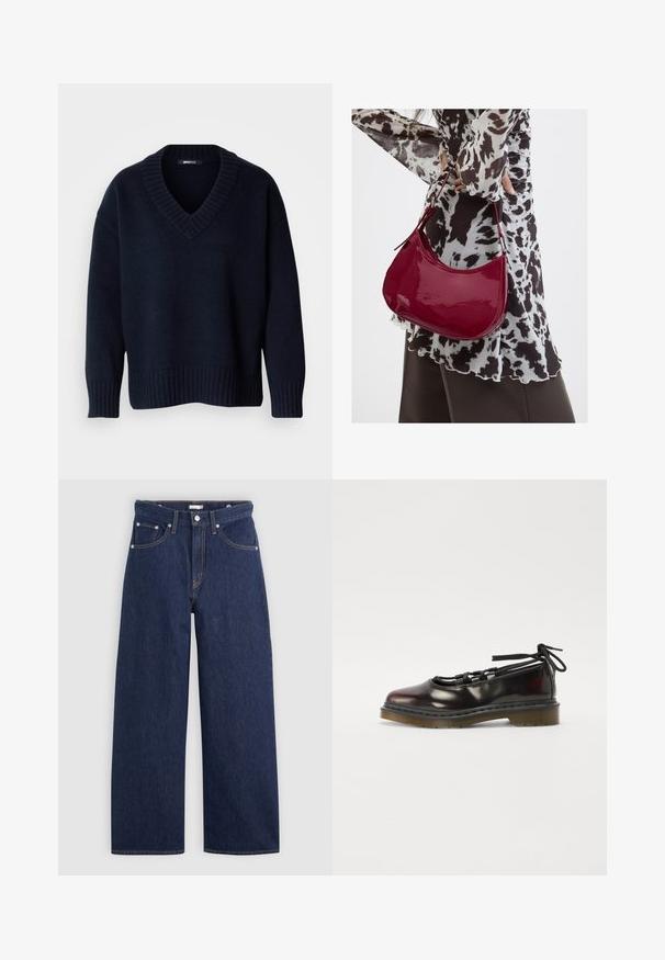 Pull bleu marine foncé à col en V avec manches longues et poignets et ourlet côtelés, présenté sur un fond uni.; Jeans en denim bleu foncé à jambes larges avec une taille haute, dotés de cinq poches, passants de ceinture et détails de couture en cuivre. Texture lisse.; Chaussure rouge foncé brillante avec un bout rond, un design à lacets, une semelle en caoutchouc et des lacets noirs, dotée de quincaillerie argentée et de bords cousus.; Femme portant un chemisier à motif noir et blanc tenant un sac à main rouge brillant sur un fond uni.