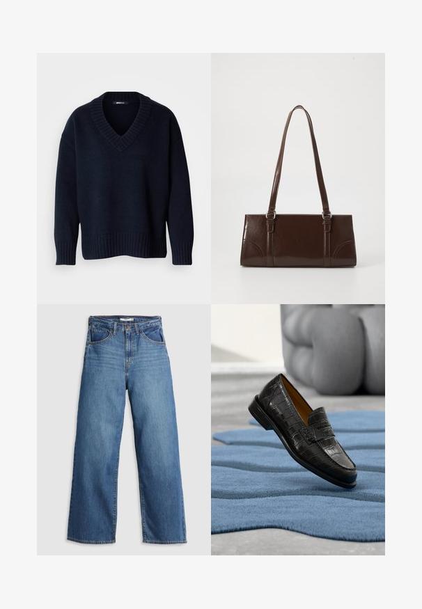 Pull bleu marine foncé à col en V avec manches longues et poignets et ourlet côtelés, présenté sur un fond uni.; Jean large en denim bleu à taille haute, doté de cinq poches, de coutures contrastantes et d'une fermeture éclair.; Mocassin en cuir noir à texture crocodile flottant au-dessus d'un tapis bleu de forme abstraite sur un sol gris clair.; Sac à main en cuir verni marron de forme rectangulaire, avec deux longues poignées et des accents courbés subtils à l'avant.