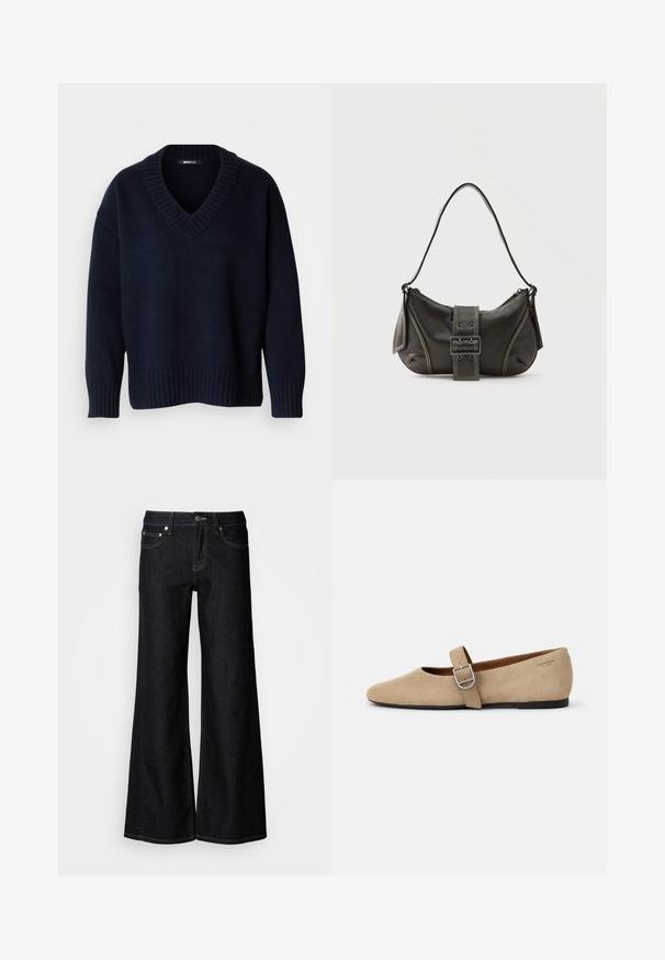 Dark navy blue V-neck sweater with long sleeves and ribbed cuffs and hem, displayed on a plain background.; Wide-leg dark denim jeans featuring a high waist, five-pocket design, and contrasting yellow stitching along the seams.; Beige suede Mary Jane flats with a pointed toe and a single adjustable strap featuring a silver buckle. Black flat sole.; Black leather shoulder bag with a buckle strap detail, curved edges, and contrasting white stitching on a plain background.