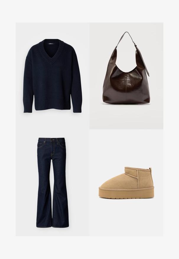 Pull bleu marine foncé à col en V avec manches longues et poignets et ourlet côtelés, présenté sur un fond uni.; Jean en denim bleu foncé avec jambes évasées, fermeture avant par bouton et zip, et design à cinq poches avec surpiqûres contrastantes.; Bottines en daim beige à bout rond, avec des coutures minimales et une semelle en caoutchouc brun clair arborant un motif texturé.; Sac à bandoulière en cuir marron foncé brillant avec une seule large sangle et un détail de boucle sur un côté, posé sur un fond clair uni.