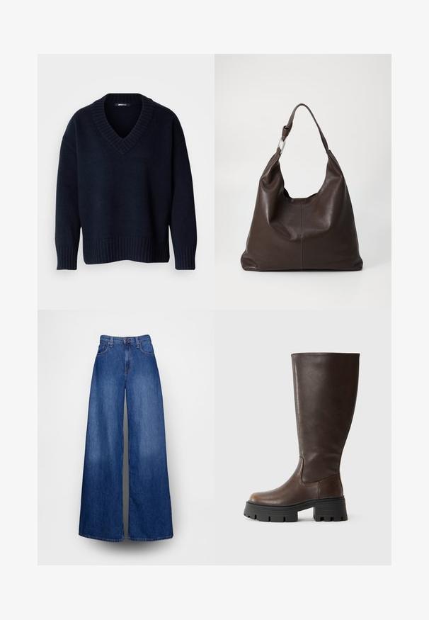 Dunkelblauer V-Ausschnitt-Pullover mit langen Ärmeln und gerippten Bündchen und Saum, vor neutralem Hintergrund präsentiert.; Jeans mit weitem Bein aus blauem Denim, mit hoher Taille, Knopfverschluss und fünf Taschen. Sauber geschnitten mit glatter Textur.; Braune kniehohe Stiefel aus glattem Synthetikleder, mit einer klobigen schwarzen Plateausohle und minimalen Nähten für ein elegantes Design.; Zign by Zalando LEATHER - Shopping Bag - chocolate brown