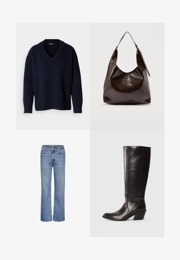 Donker marineblauwe V-hals trui met lange mouwen en geribbelde boorden aan mouwen en zoom, getoond op een effen achtergrond.; Blauwe high-waisted straight-leg denim jeans met een knoop sluiting aan de voorkant, ritssluiting en vijf-pocket ontwerp.; Knielange, donkerbruine leren laars met een spitse neus, hoekige blokhak en een gladde, glanzende textuur. Heeft een strak ontwerp en stikdetails.; Donkerbruine glanzende leren schoudertas met een enkele brede riem en gespsdetail aan één kant, tegen een effen lichte achtergrond.