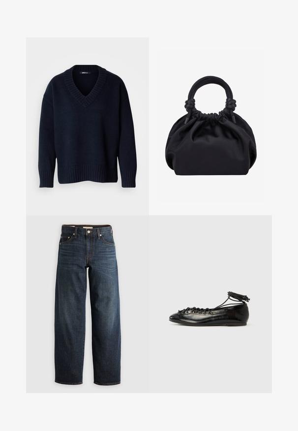 Donker marineblauwe V-hals trui met lange mouwen en geribbelde boorden aan mouwen en zoom, getoond op een effen achtergrond.; Donkerblauwe jeans van denim, met een recht model, vijf-pocketstijl en stiksels met een knoopsluiting.; Zwarte ballerina's van lakleer met een afgeronde neus, veterdesign en een platte zool. Glad oppervlak met minimale details.; Zwarte zachte stoffen handtas met geplooide bovenkant en ronde gewatteerde handvatten, vastgeknoopt aan elke kant.