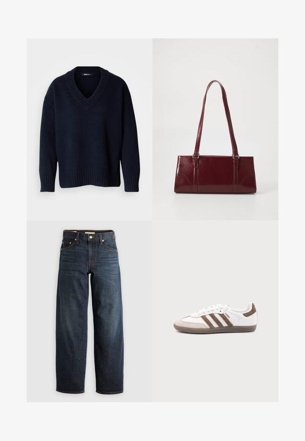 Dunkelblauer V-Ausschnitt-Pullover mit langen Ärmeln und gerippten Bündchen und Saum, vor neutralem Hintergrund präsentiert.; Dunkelblaue Jeans aus Denim mit einem geraden Bein-Design, Fünf-Taschen-Stil und Steppnähten sowie einem Knopfverschluss.; Weißer Adidas Samba Sneaker mit braunen Wildlederstreifen, brauner Gummisohle und beiger Wildlederkappe, von der Außenseite auf schlichtem Hintergrund gezeigt.; Burgunderfarbene Handtasche aus glänzendem Material, rechteckige Form, mit zwei Schulterriemen und subtilen, geschwungenen Akzenten an der Vorderseite.