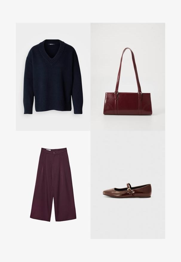 Pull bleu marine foncé à col en V avec manches longues et poignets et ourlet côtelés, présenté sur un fond uni.; Pantalons larges bordeaux avec une texture lisse, des plis sur le devant, une fermeture à bouton et une taille haute.; Ballerine en cuir verni marron avec un bout carré et une lanière ornée d'une petite boucle dorée. Texture lisse, talon bas et design minimaliste.; Sac à main bordeaux en matériau brillant, de forme rectangulaire, avec deux anses et des accents légèrement courbés à l'avant.