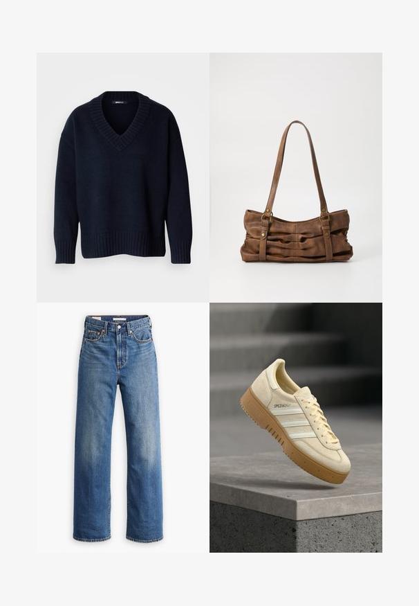 Dunkelblauer V-Ausschnitt-Pullover mit langen Ärmeln und gerippten Bündchen und Saum, vor neutralem Hintergrund präsentiert.; Hellblaue Jeans aus Denim mit hoher Taille, weitem Bein, klassischem Fünf-Taschen-Design und subtilen Verwaschungen im Stoff.; Beiger Wildledersneaker mit Gummisohle, weißen Streifen und "SPEZIAL"-Markenaufdruck, schwebend über einer grauen, gestuften Betonfläche.; Even&Odd by Zalando Handtasche - brown