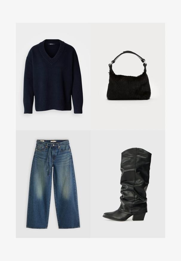 Jersey de punto azul marino oscuro con cuello en V, mangas largas y puños y bajo acanalados, exhibido sobre un fondo liso.; Jeans de mezclilla de pierna ancha en azul oscuro con un diseño desgastado, que presentan una cinturilla con cordón y un estilo de cinco bolsillos.; Botas de cuero negro hasta la rodilla con un diseño arrugado, punta afilada y un tacón grueso, con una textura suave y una costura mínima.; Bolso de mano de piel sintética negra con una textura suave, forma redondeada y una resistente correa de cuero negro para el hombro. Acentos de herrajes plateados visibles.