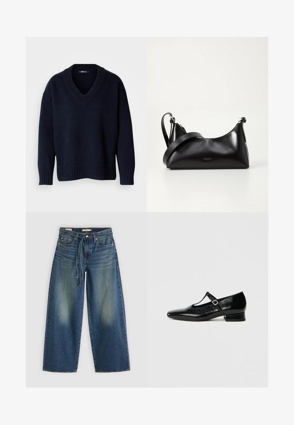 Pull bleu marine foncé à col en V avec manches longues et poignets et ourlet côtelés, présenté sur un fond uni.; Jean large en denim bleu foncé avec un design délavé, présentant une taille avec cordon de serrage et un style à cinq poches.; Chaussures Mary Jane en cuir noir avec bout pointu, petit talon carré et bride ajustable avec une boucle argentée. Texture lisse et brillante.; Sac à main en cuir noir avec une texture lisse. Dispose d'une bandoulière adjustable et d'un design élégant et minimaliste avec une fermeture éclair.